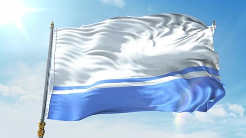 Waving White and Blue Flag Against Blue Sky Background