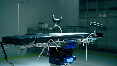 Shot of a soft operating table located in an empty operating room with dim lights in medical clinic