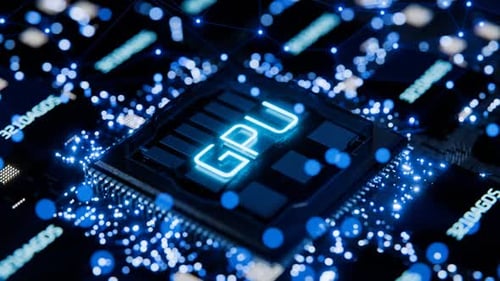 Animación de la instalación de un procesador de Gráficos en un circuito Electrónico. Rotación de la GPU en un ele