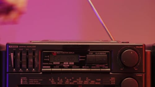 Retro Radio Tape Recorder Audio Cassette Closeup Listening to Music Old Radio Boombox Player