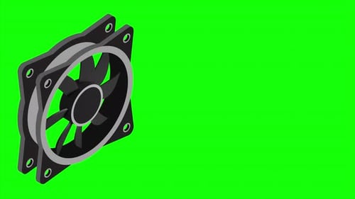 Animación isométrica de un ventilador por ordenador. Ventilador para ordenador. Ventilador isométrico de carcasa de PC. Hardware informático