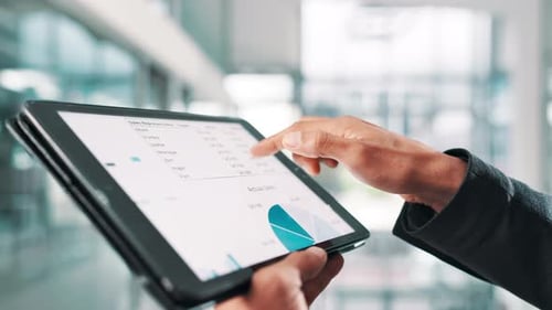 Hands, tablet and screen with charts, report and statistics of company sales for data analysis