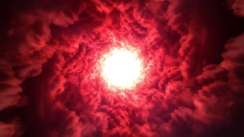 Abstract fiery red cloud vortex with intense glowing core. Red background loop. Dramatic energy tunn