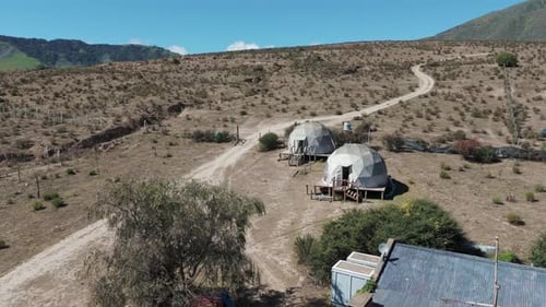Aerial view of two Glamping domes in the tourist area of Tafí del Valle. Argentina, Tucuman.