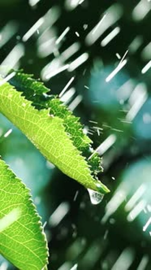 Wassertropfen fallen auf die Blätter des Baumes auf dem Hintergrund des Gartens.