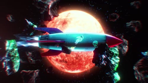 Retro Rocket Flying By The Sun Through Space Loop