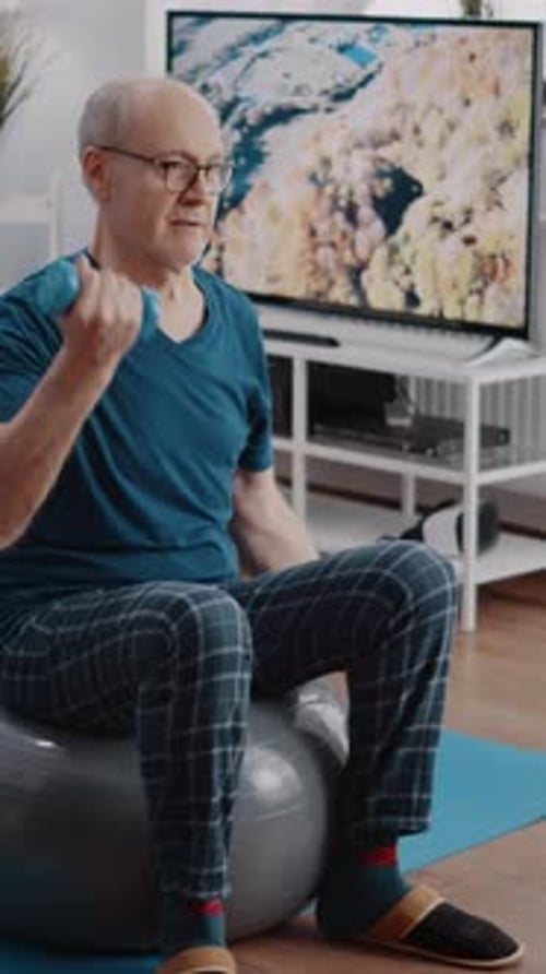 Senior Man Exercising with Weights on Exercise Ball