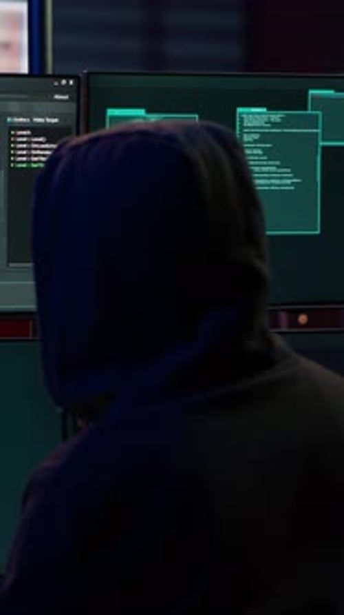 Vertikales Video: Erfahrener Hacker, der aus einem unterirdischen Bunker Codezeilen auf einen Computer schreibt
