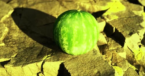 Bright Green Watermelon Resting on Rocky Surface Under Sunlight