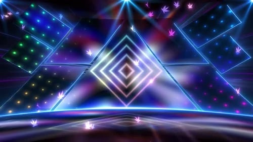 Vibrant Neon Geometric Stage Background with Falling Leaves
