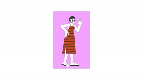 Smiling asian woman showing peace gesture line 2D character animation