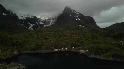 Aerial video of the town and landscapes of Lofoten, Norway