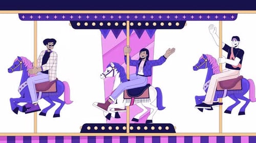 Roundabout carousel having fun line 2D characters animation