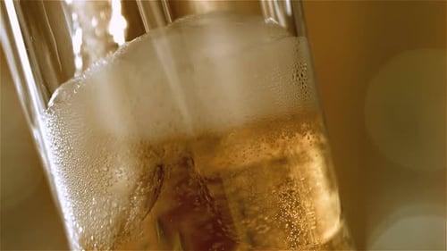 Close Up of Golden Beer Pouring into Glass
