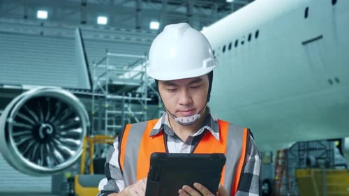 Close Up Of Asian Male Engineer Working On A Tablet While Aircraft Maintenance