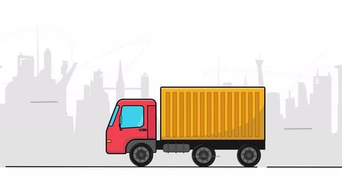 Animated Flat Design Delivery Truck Driving Through City