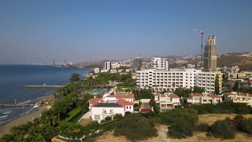 Summer sea city. Flight over the city, sea and buildings.