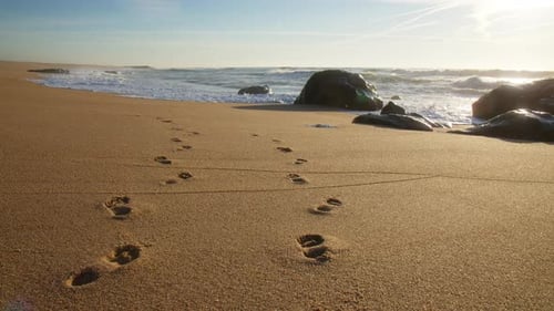 Human footprints in the sand of a beach in Portugal at sunrise