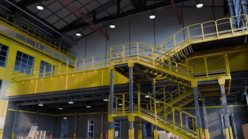 Interior de almacén industrial vacío con estructuras metálicas amarillas