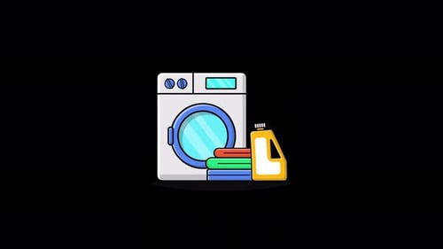 Animated Washing Machine with Laundry and Detergent Icon