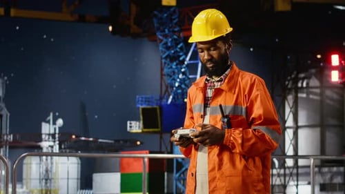 Engineer Operates a UAV at a Safe Distance From an Offshore Drilling Rig