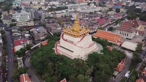 Aerial footage of Temple of the Golden Mount in Bangkok