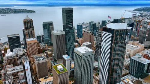 Diverse high-rise modern buildings in the downtown of Seattle, Washington State, the USA. Top view.