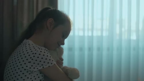 Child Embraces Teddy Bear Near Window in Dim Room