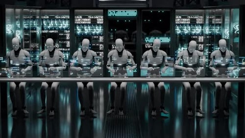 Futuristic Robots Working in Data Center with Holographic Screens