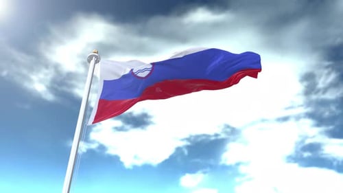 Slovenian National Flag Waving with Sunny Cloud Background