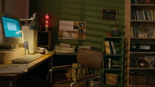 Arbeitsplatz im Haus der 90er Jahre mit Retro-Desktop-Computer und Lavalampe