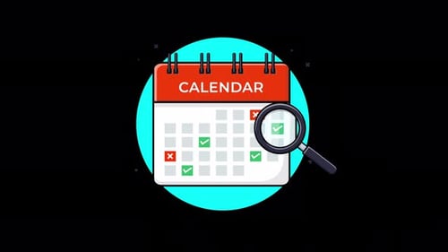 Kalender mit Lupe. Konzeptanimationsvideo zur Zeitplanüberprüfung — transparent