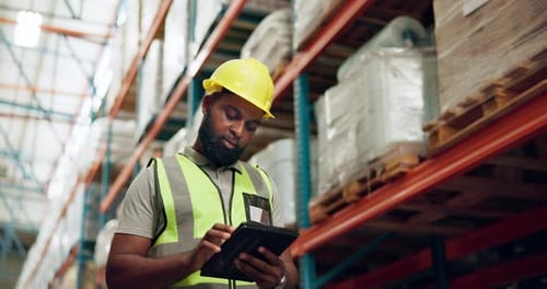Distribution, factory and black man on tablet for inspection, inventory and online stock