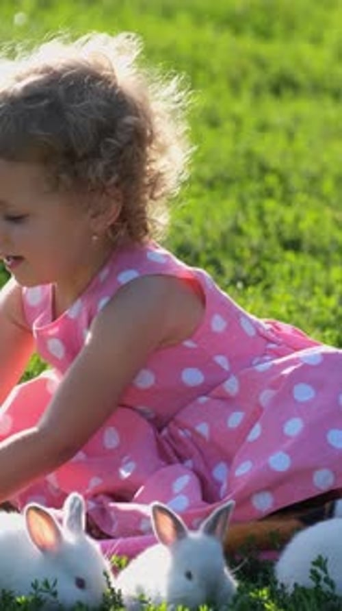 Child Petting Rabbits in Sunny Meadow