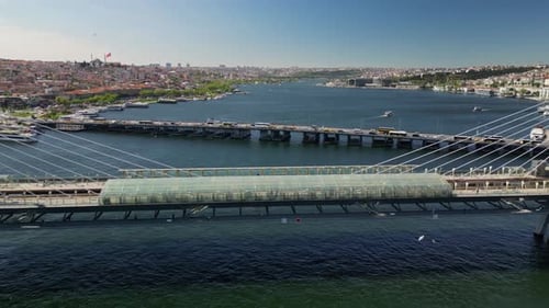 Aerial View of Train Bridge Over the Golden Horn in Istanbul Turkey