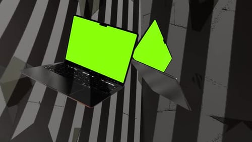 Focus on isolated screen laptop on company desk with computer desktop in blurry background showing s