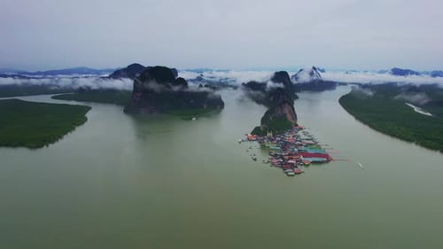 Beautiful Scenic Aerial Panoramic View Overlooking the Fishing Village of Koh Panyee Island with Man