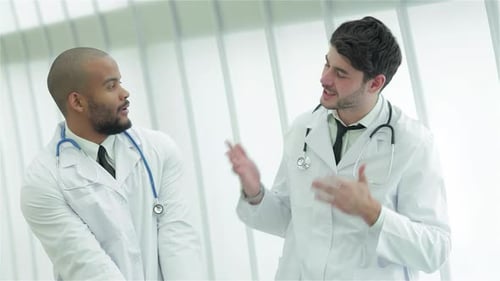Two Male Doctors Discussing in Hospital Setting