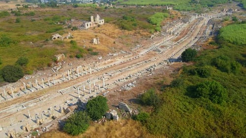 In This Captivating Aerial Stock Video the Remarkable Ruins of the Ancient City of Perge in