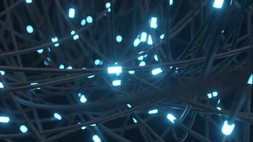 Tangled Wires with Glowing Blue Lights Creating a Complex Network