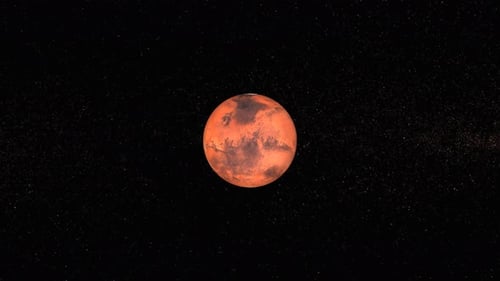 Animation of Mars planet seen from galaxy in space, Asteroids Cloud and cosmos, stars milky. 1160
