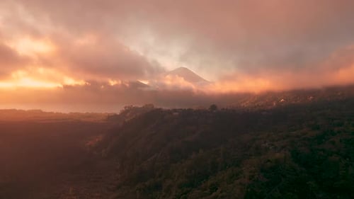 Beautiful Sunrise From the Top of Mount Batur in Kintamani Bali Indonesia Aerial Drone View