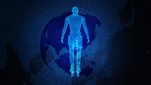 Digital Human Figure Ascending Over Earth Hologram