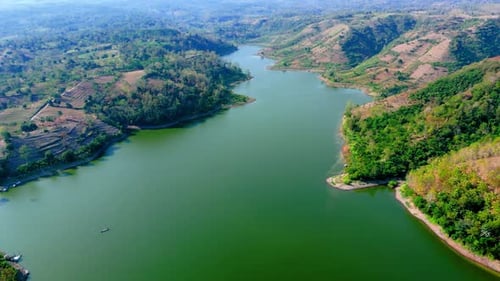 Drone flying through green lake with natural forest