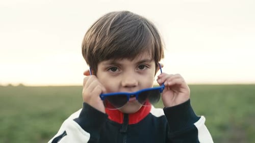 Portrait of Stylish Little Boy in Sunglasses on Field Background Fashion Kid