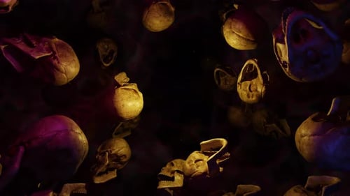 Animated 3D Skulls Floating in Dark Space