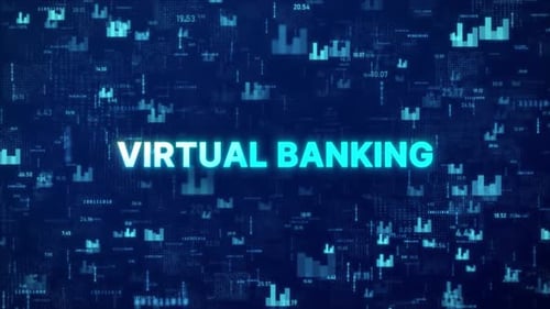 VIRTUAL BANKING Concept over animated stock market background with chart, numbers and matrix codes