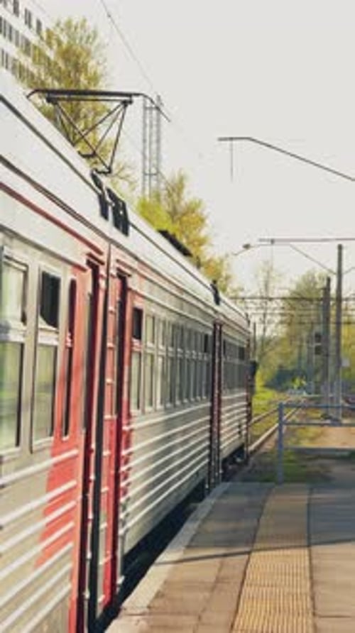 Russia StPetersburg the Electric Train Stops at the Railway Station The Passenger Electric Train