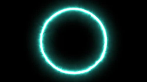 Abstrakter energieglühender bunter Kreis mit beweglichen Partikeln auf schwarzem Hintergrund.