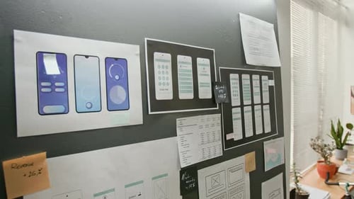 Mockups de estructura alámbrica para aplicaciones de teléfonos inteligentes en la pared en UI Design Company